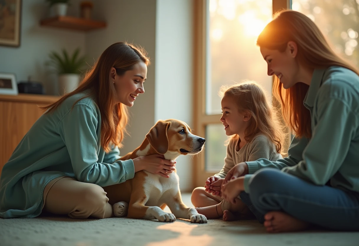 Family meeting a dog at an adoption center
